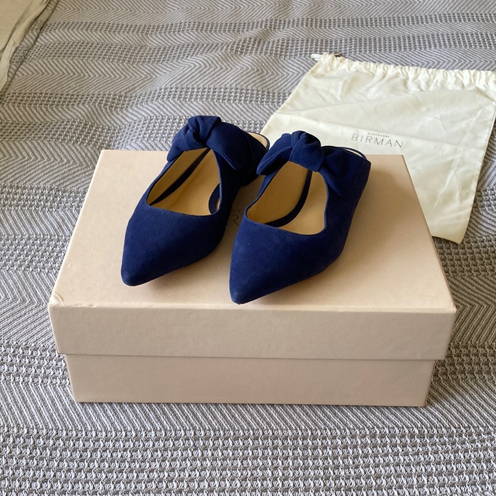 Alexandre Birman Evelyn Flat Blue Suede Bow Mules Sz 5